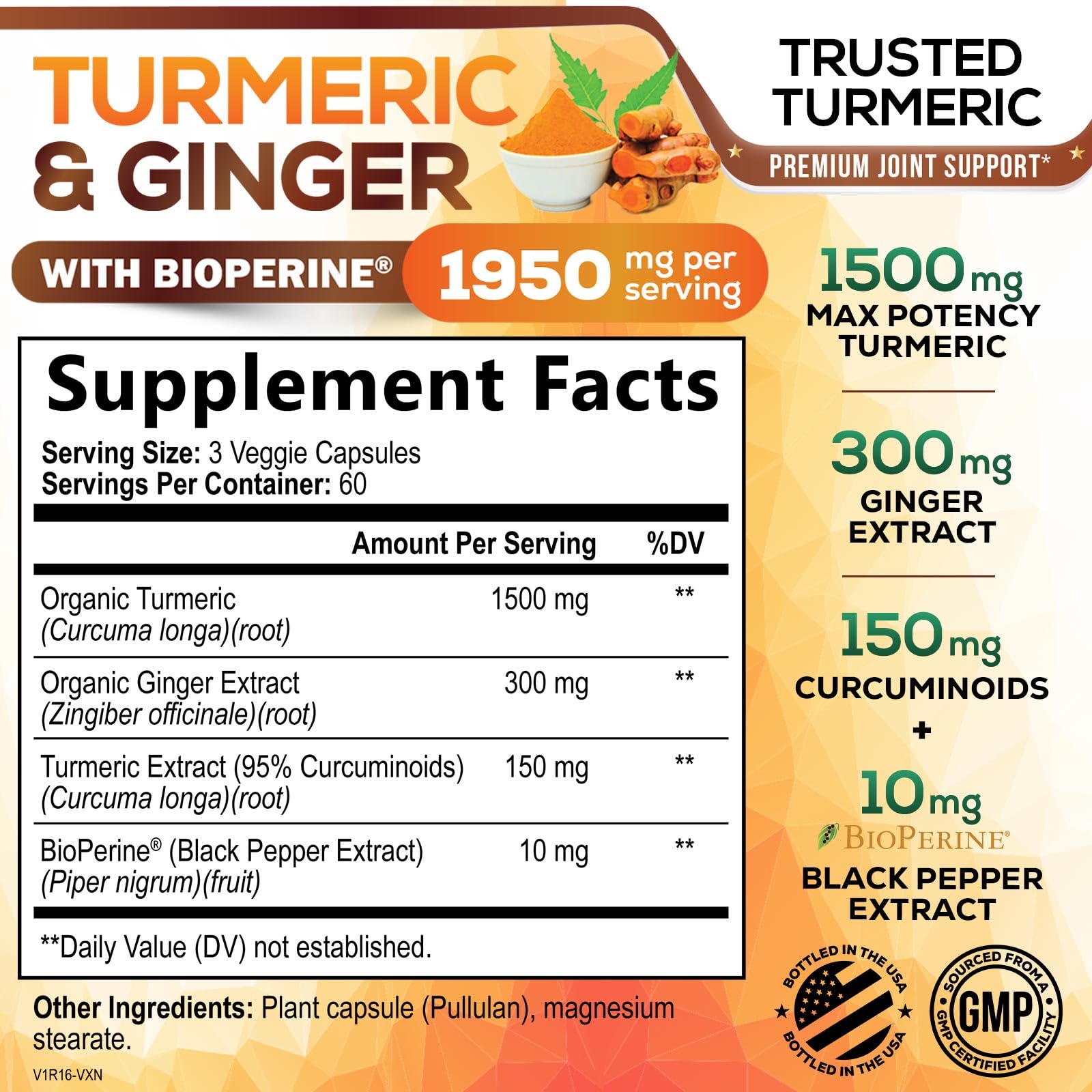 Organic turmeric root with ginger for turmeric supplement