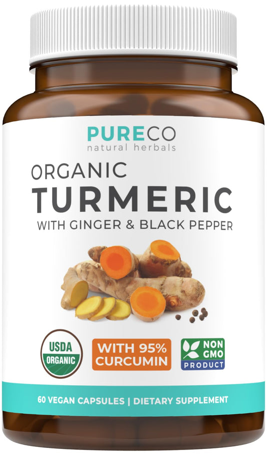 Front view of Organic Turmeric Ginger Black Pepper supplement bottle