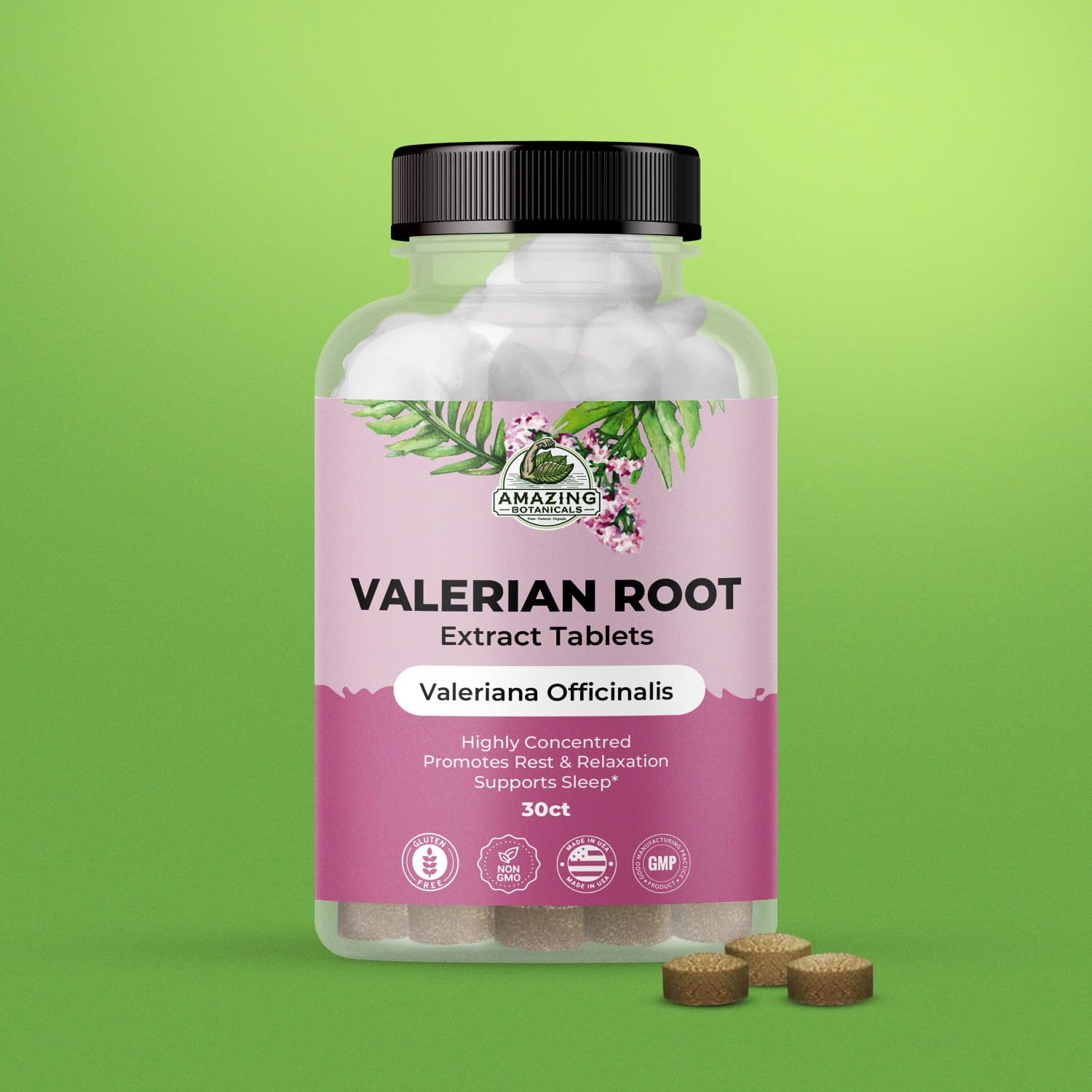 Close-up of organic valerian root tablets