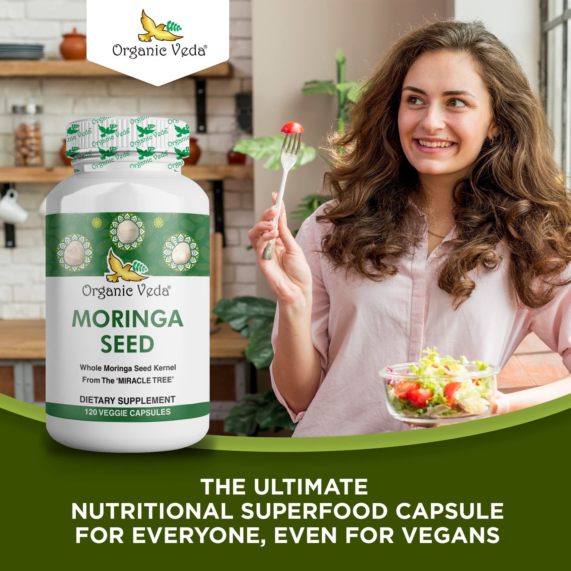 Serving suggestion showing two moringa capsules daily