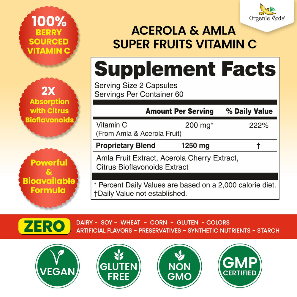 Close-up of Organic Veda Vitamin C bottle label