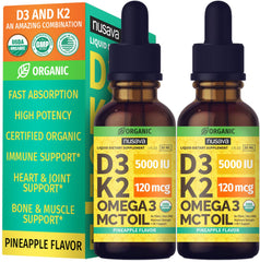 Front view of Pineapple-flavored Organic Vitamin D3 K2 Drops bottle with MCT oil, 2 fl oz