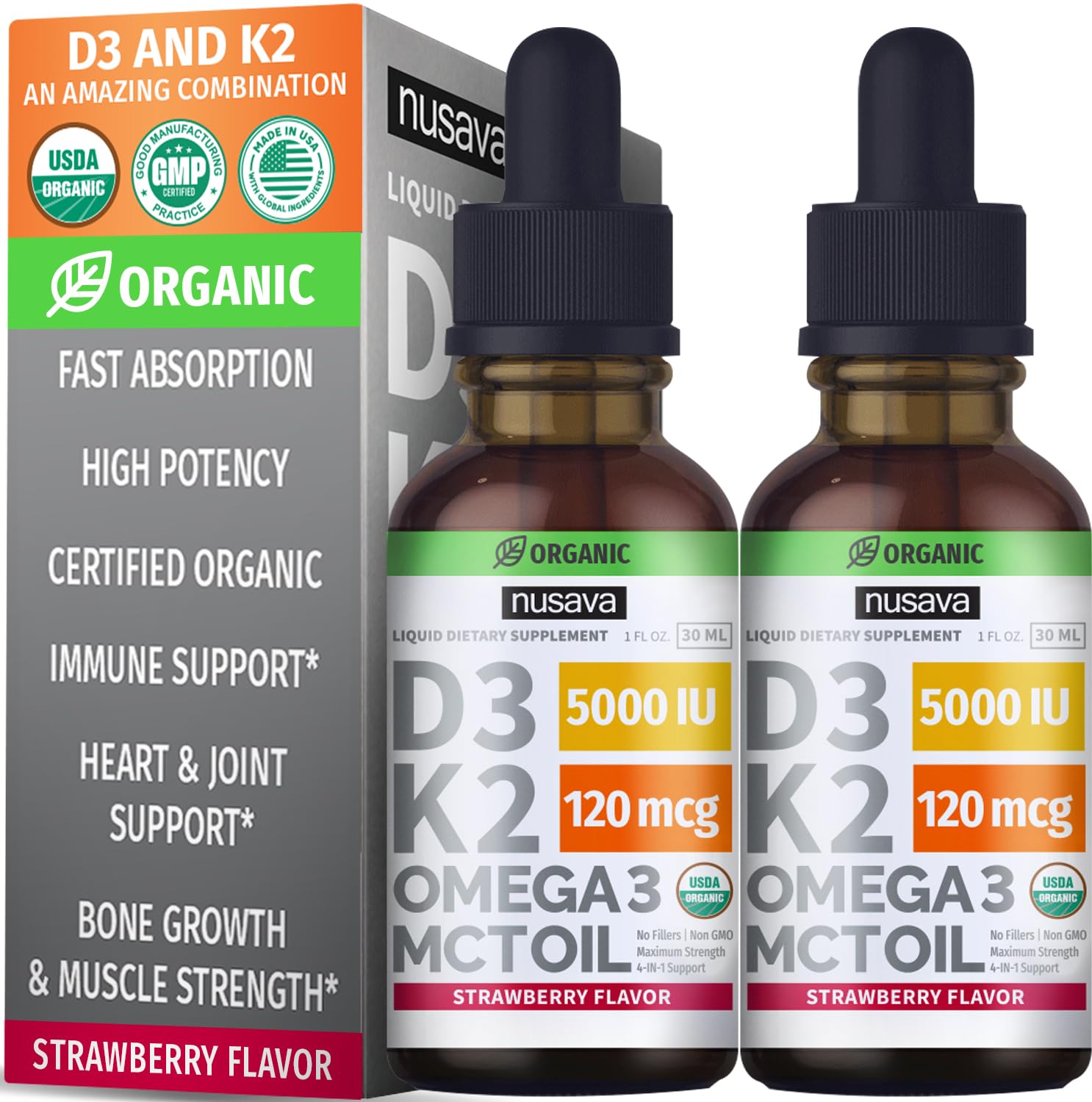 Bottle of organic Vitamin D3 K2 Drops in strawberry flavor, 2 oz