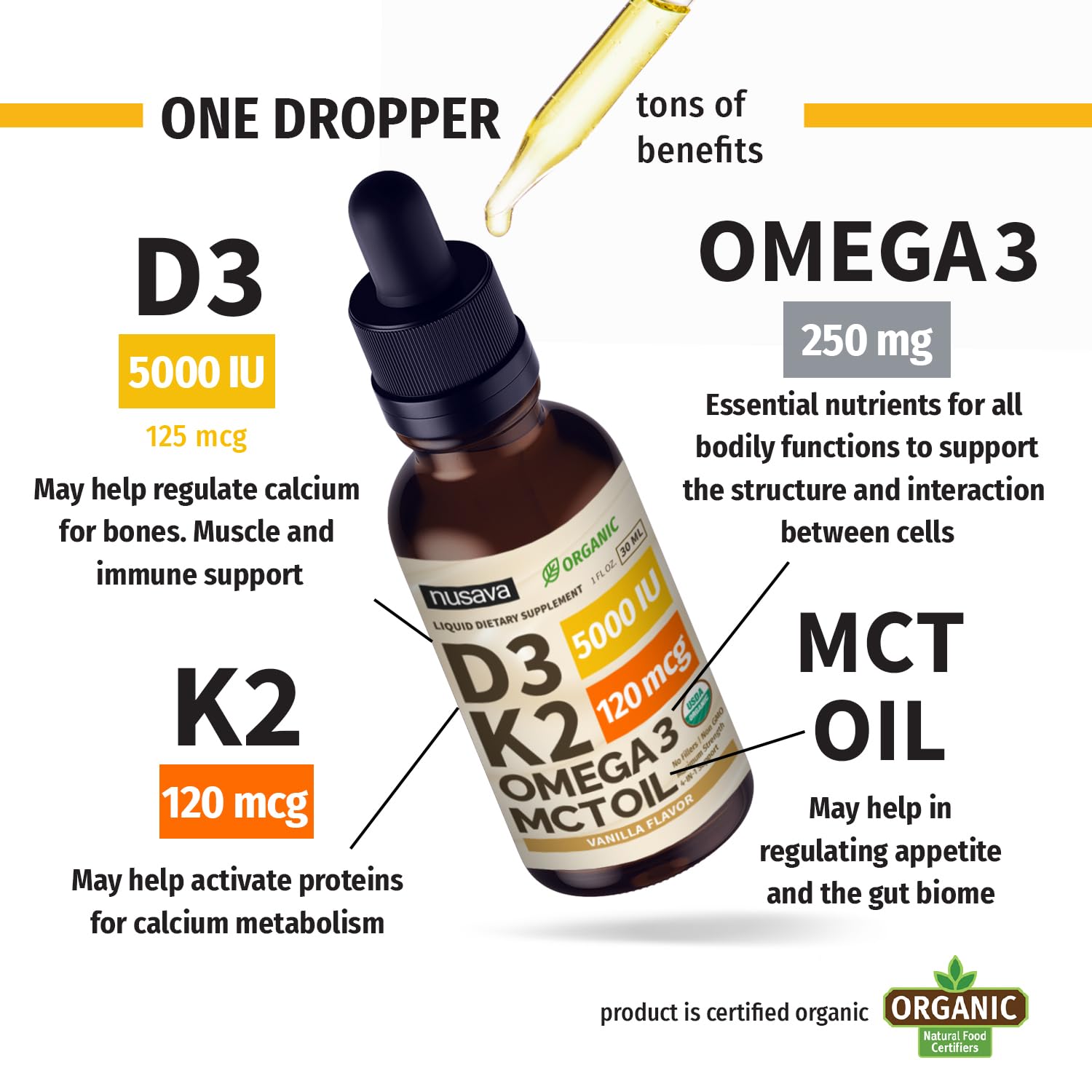 4oz bottle of organic vitamin D3 K2 liquid with vanilla flavor