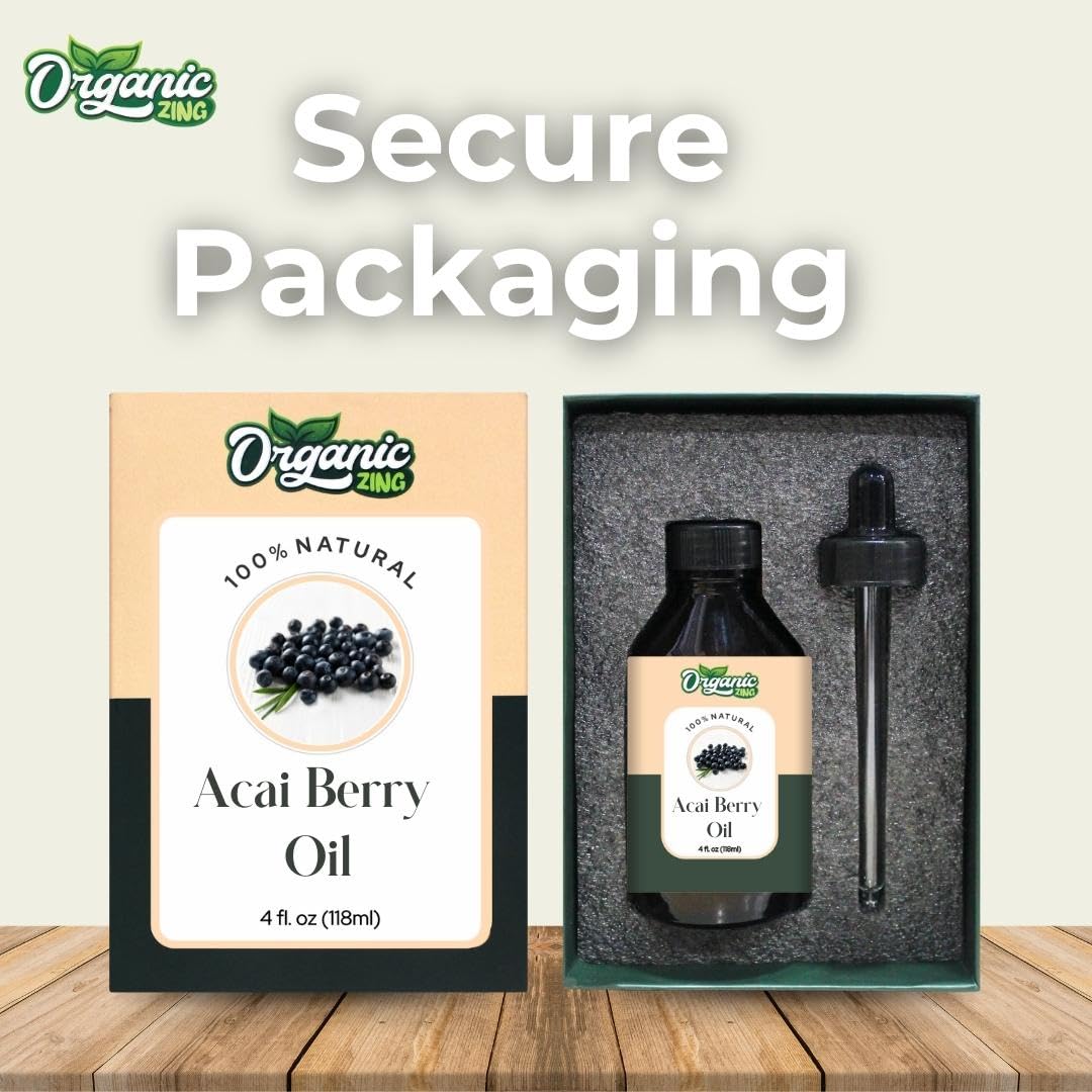 Organic Zing Acai Oil rich color image hints at natural, earthy notes.