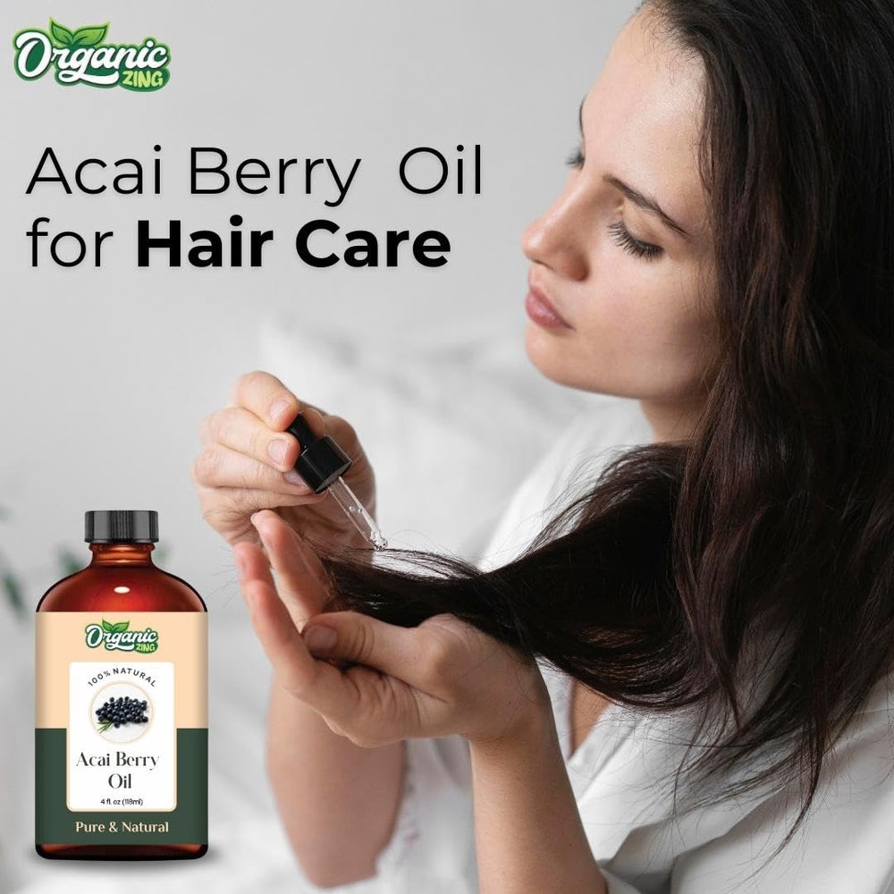 Organic Zing Acai Oil for skincare highlights hydrating, non-greasy feel.