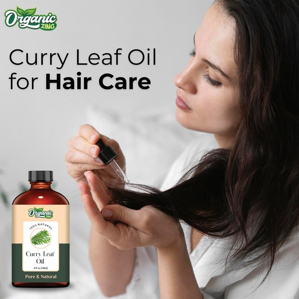 Organic Zing Curry Leaf Oil supports haircare when diluted with carrier oils