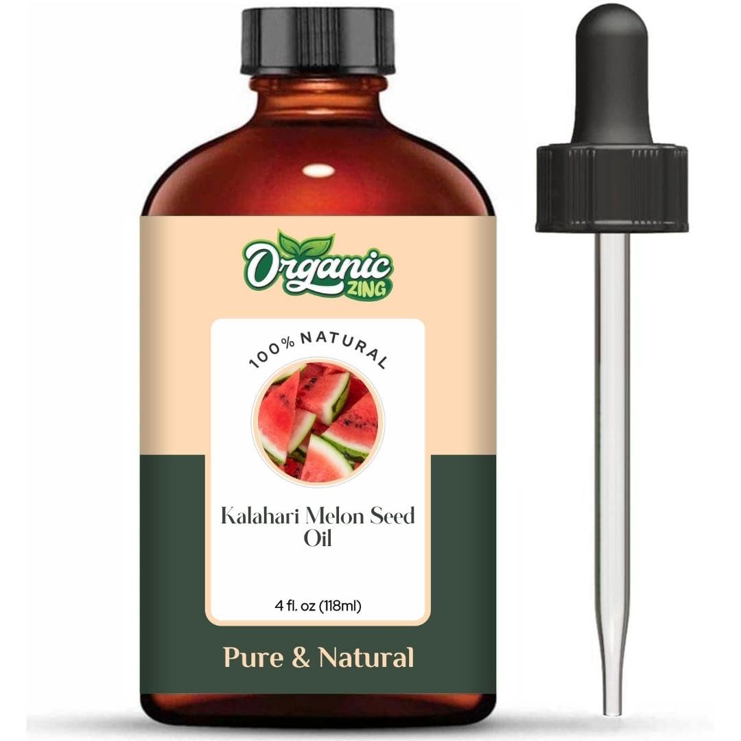 Organic Zing Kalahari Melon Seed Oil bottle shows a pure skin-care carrier.