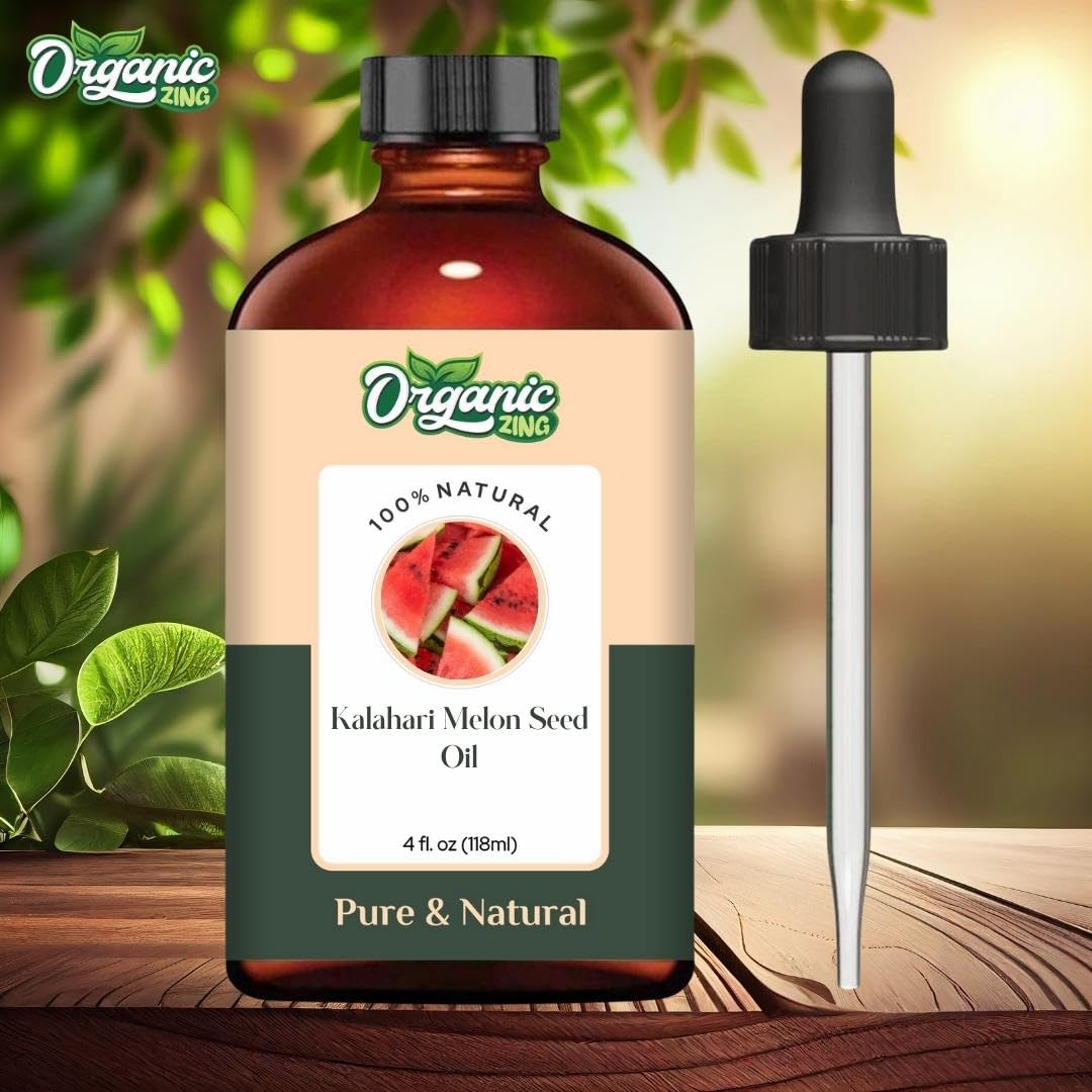 Premium packaging highlights Organic Zing Kalahari Melon Seed Oil.