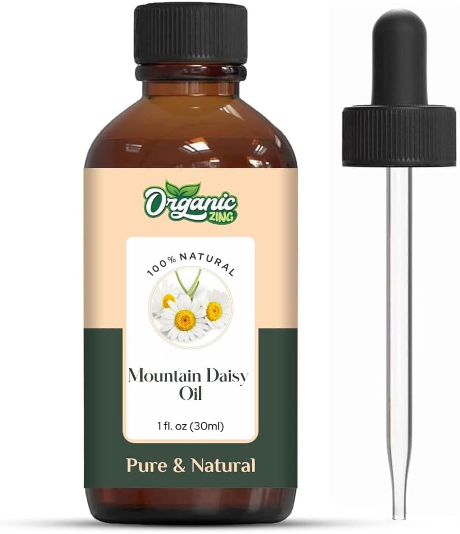 Organic Zing Mountain Daisy oil in amber bottle for diffuser aromatherapy use