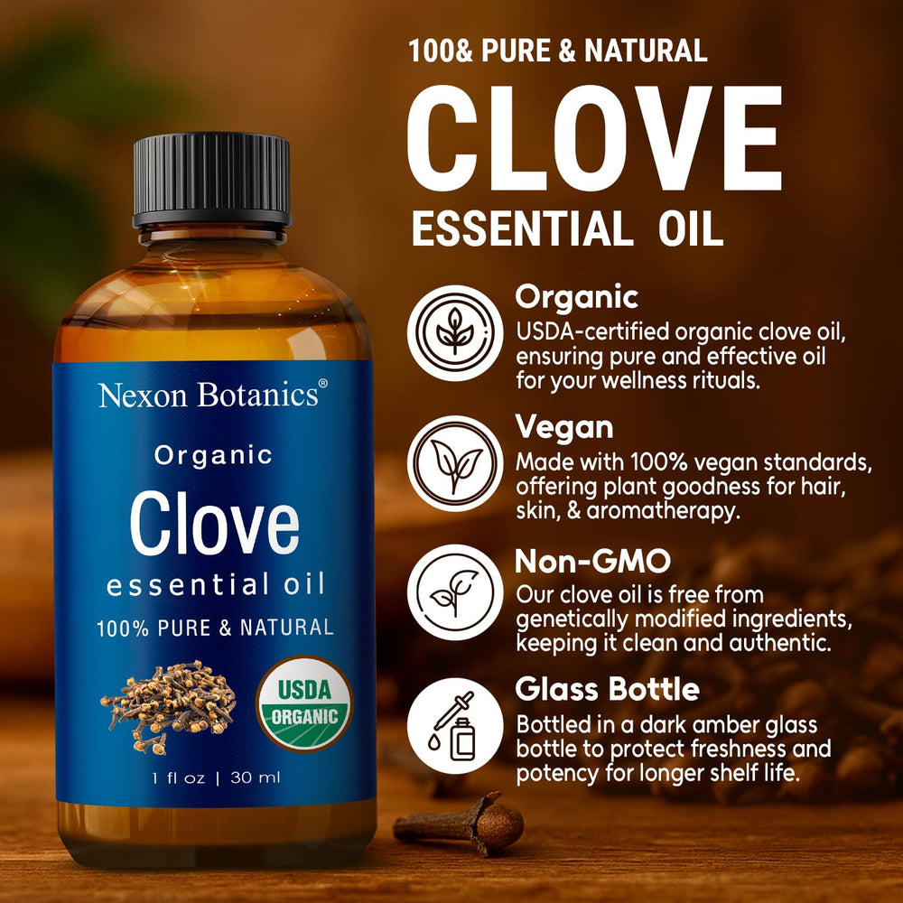 Close-up of Organic Clove Essential Oil bottle label