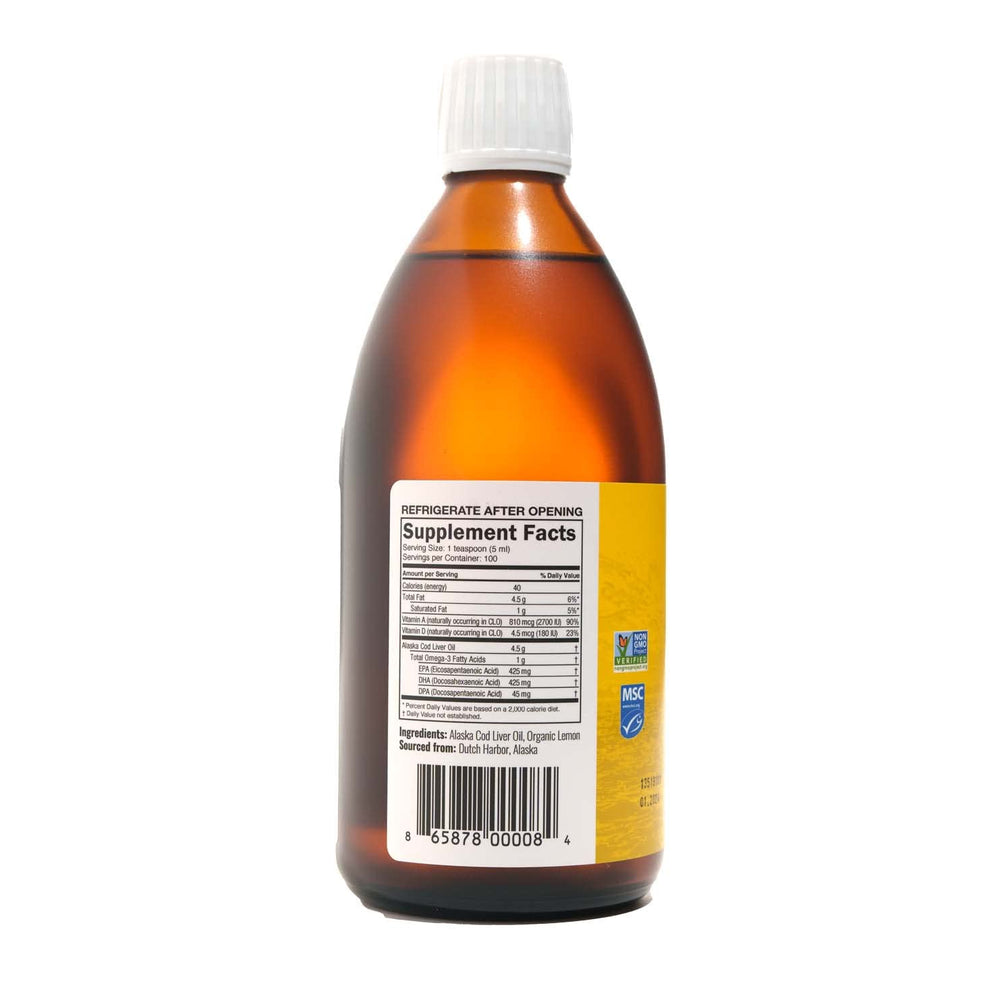 Organic lemon flavor cod liver oil liquid in bottle