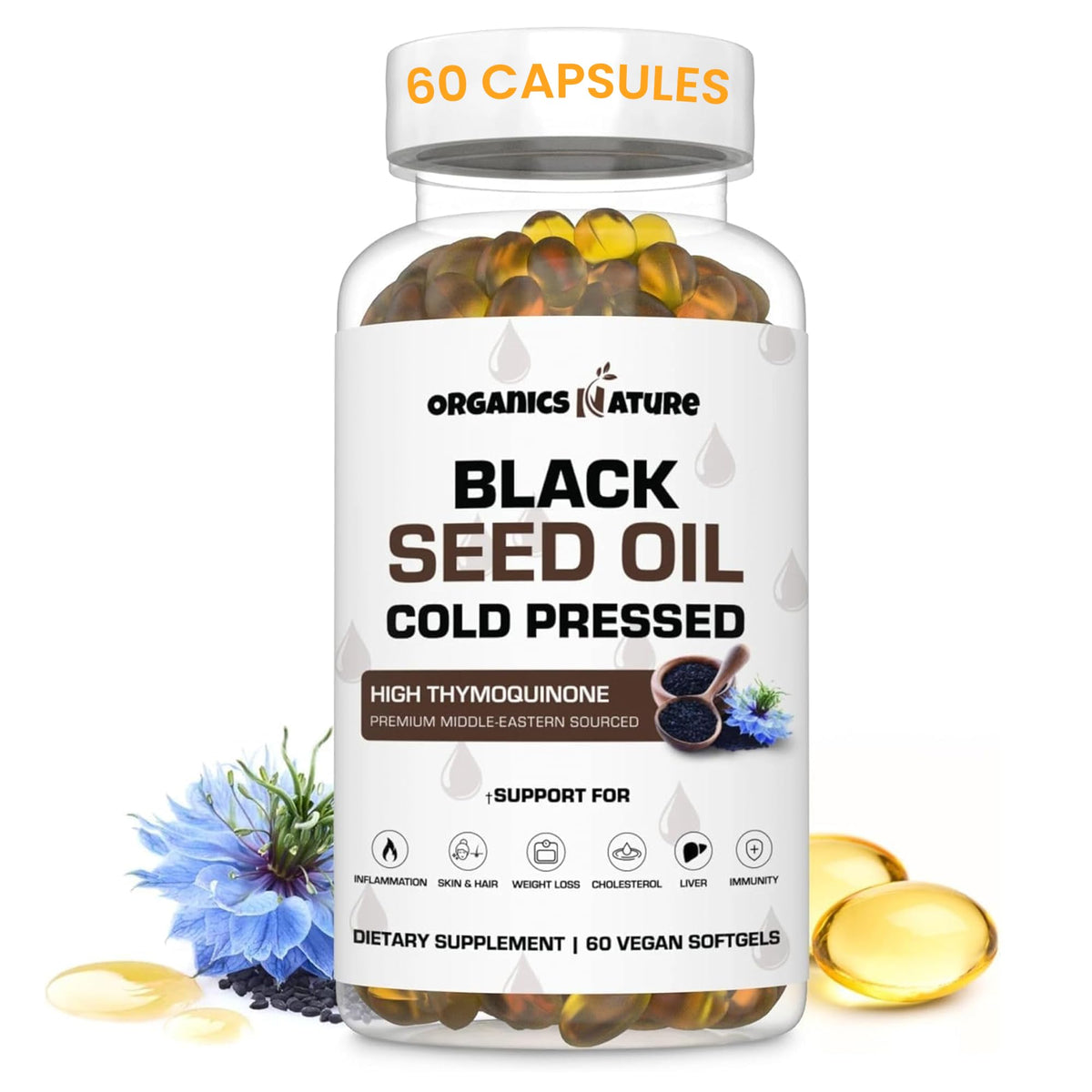 Front view of ORGANICS NATURE Black Seed Oil Capsules bottle with 1000mg per serving
