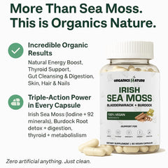 Bottle of ORGANICS NATURE Sea Moss Capsules with 90 vegan capsules label