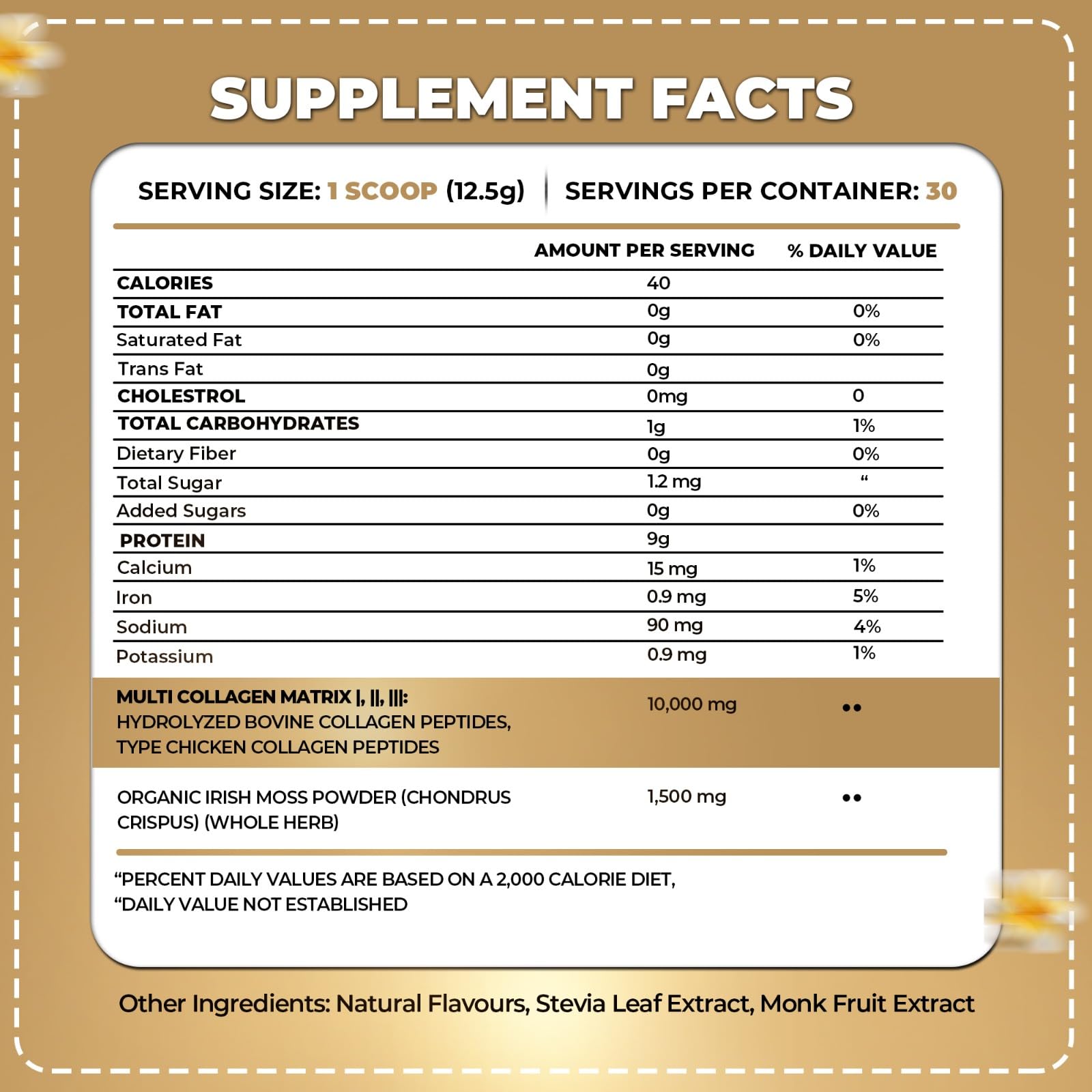 Back packaging with nutrition info for Organics Nature Vanilla Caramel Collagen 380g