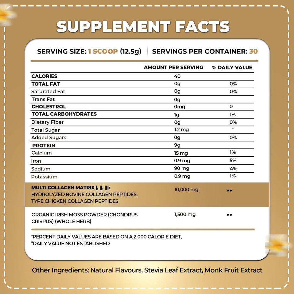 Back packaging with nutrition info for Organics Nature Vanilla Caramel Collagen 380g
