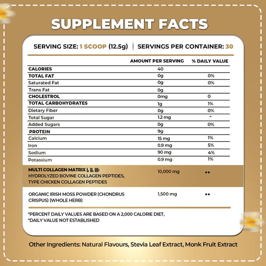 Back packaging with nutrition info for Organics Nature Vanilla Caramel Collagen 380g