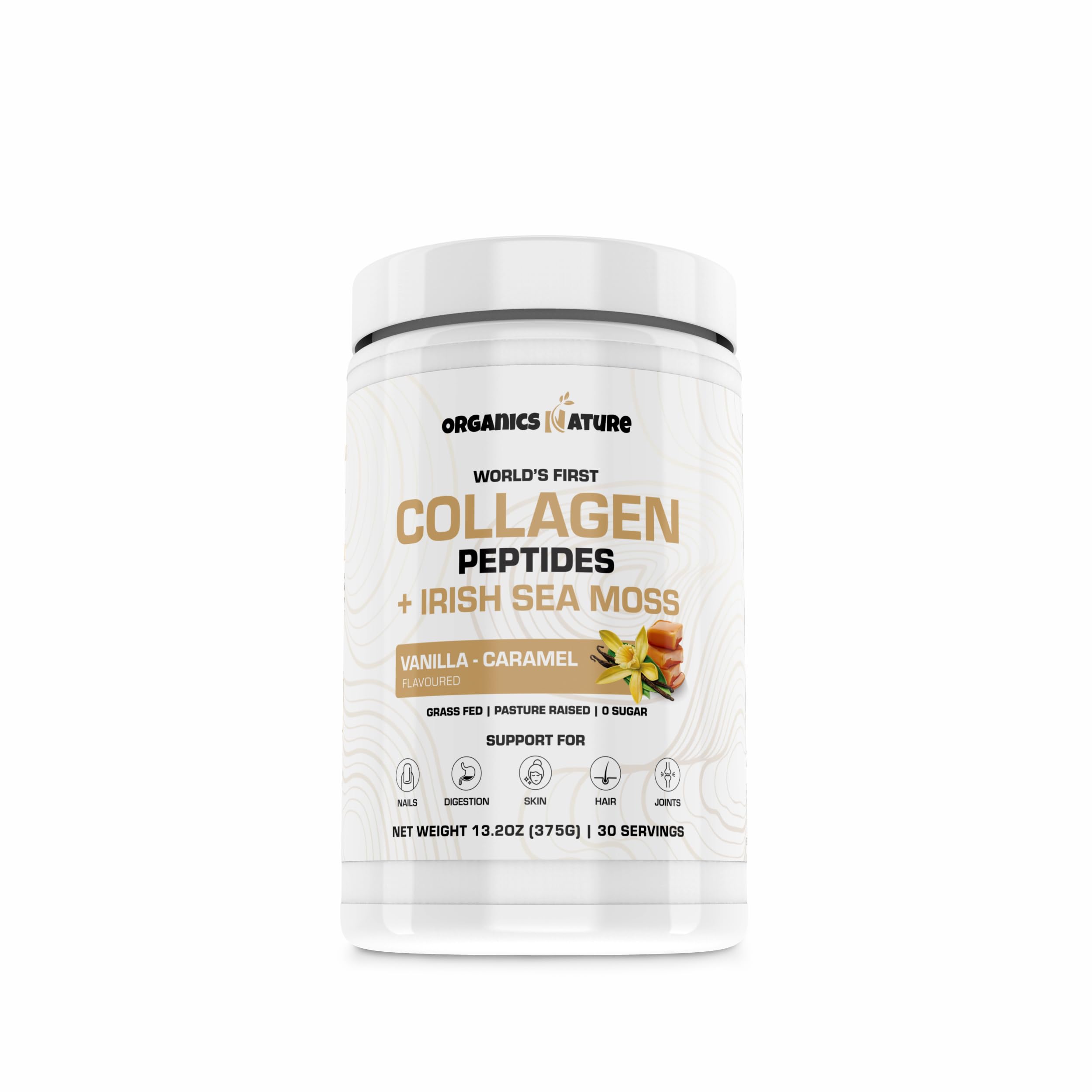 Front packaging of Organics Nature Vanilla Caramel Collagen 380g