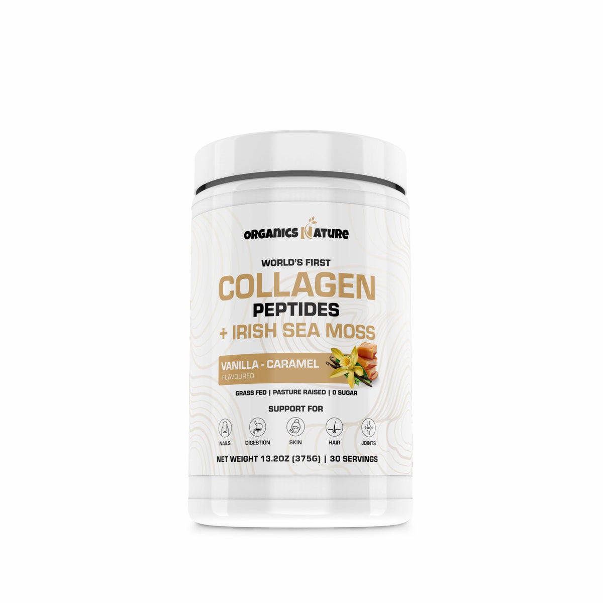 Front packaging of Organics Nature Vanilla Caramel Collagen 380g