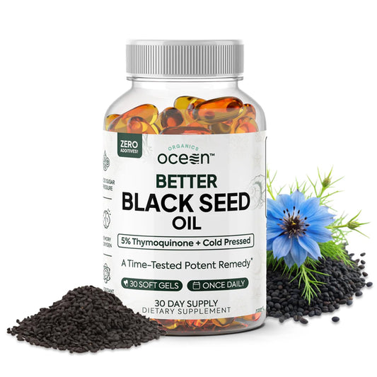 Organics Ocean Better Black Seed Oil bottle with capsules on a white background