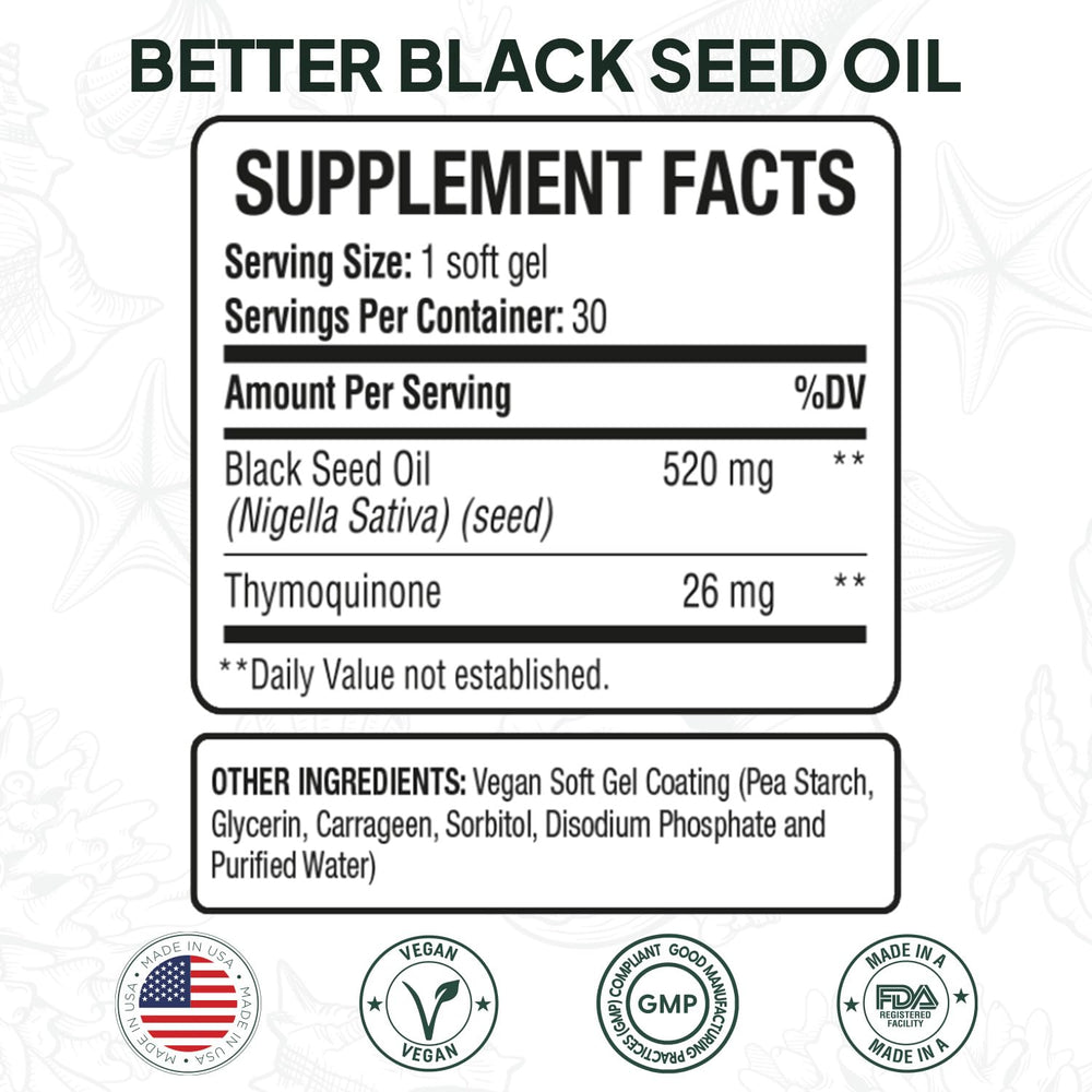 Close-up of Better Black Seed Oil soft gel capsules