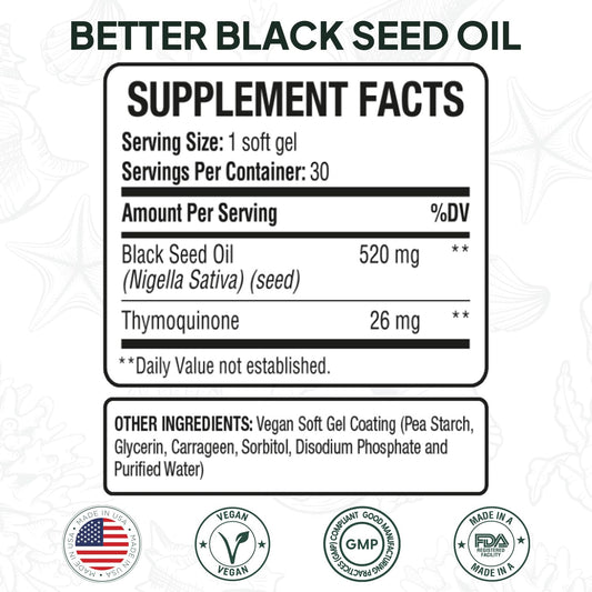 Close-up of Better Black Seed Oil soft gel capsules