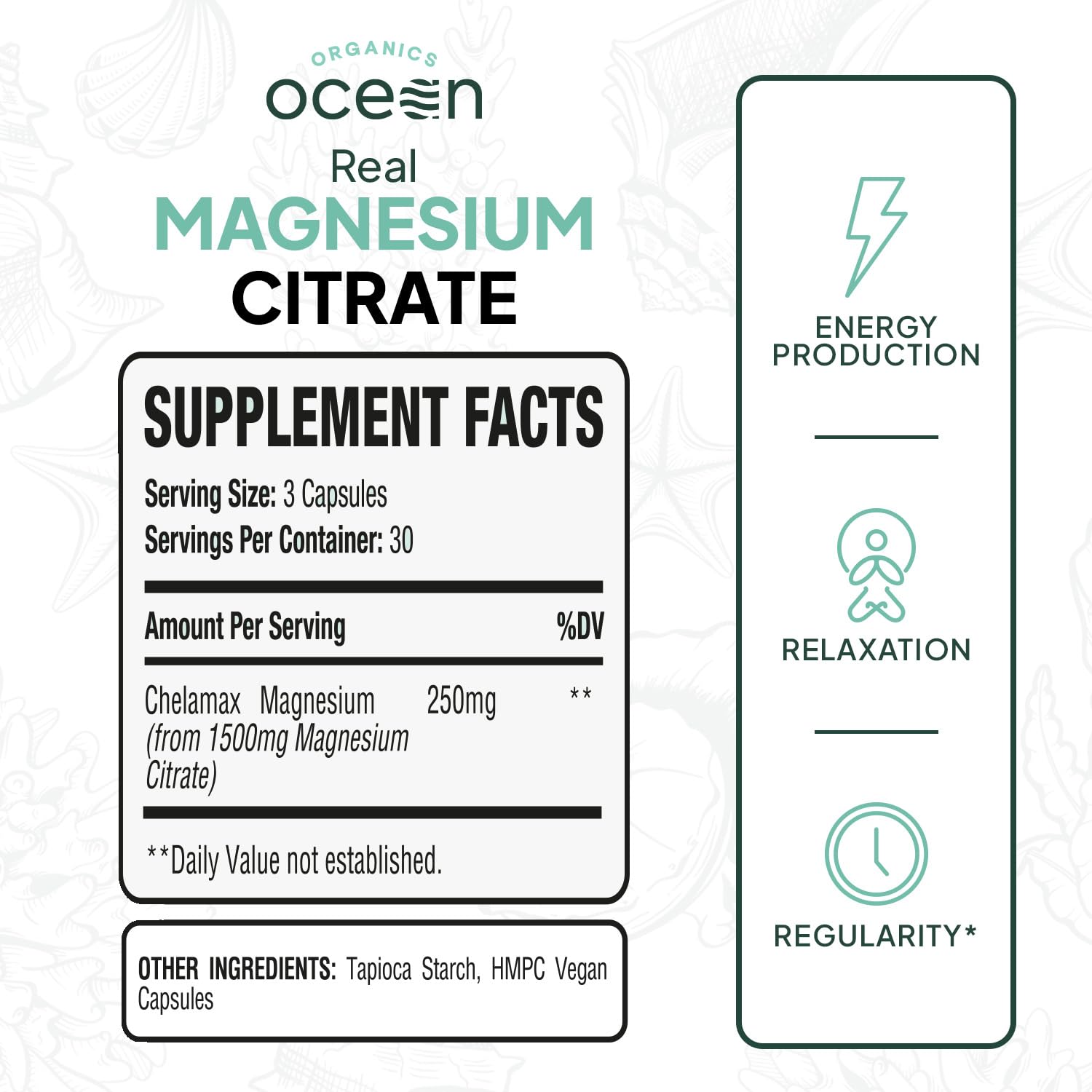 Organics Ocean chelated magnesium capsules close-up highlighting rapid absorption.