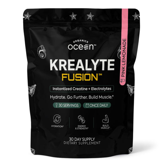 Front view of Organics Ocean Krealyte Fusion Pink Lemonade, 30 servings.