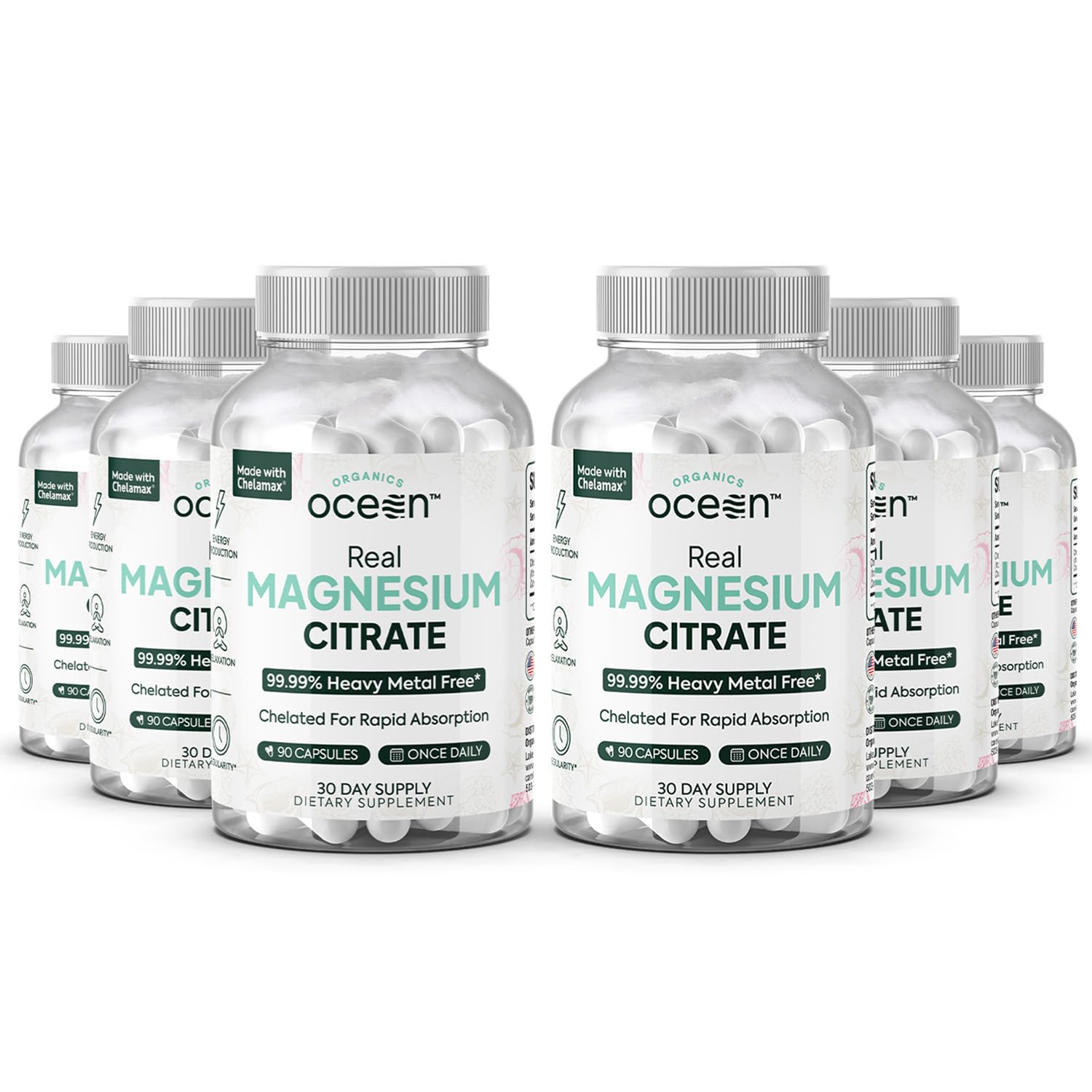 Organics Ocean Magnesium Citrate bottle with six-pack bulk packaging