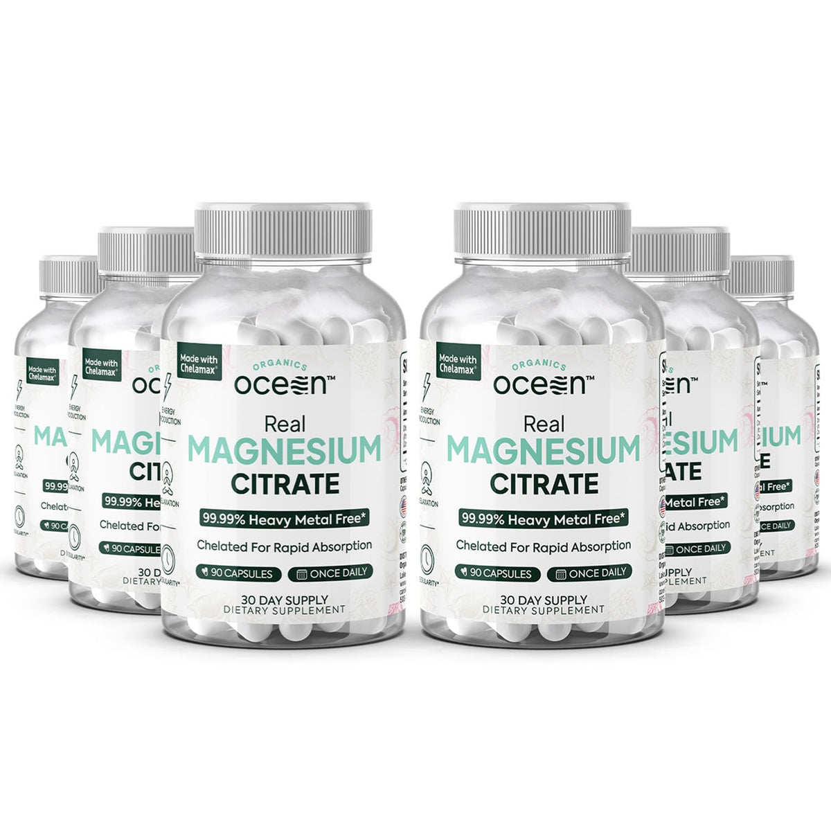 Organics Ocean Magnesium Citrate bottle with six-pack bulk packaging