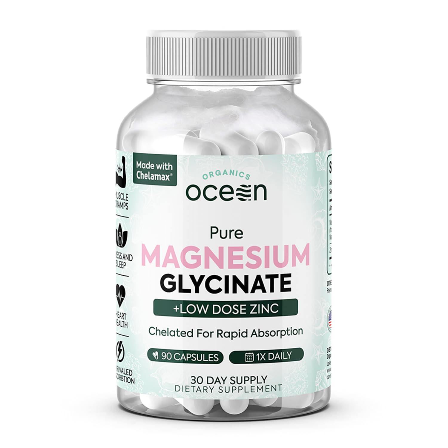 Organics Ocean Magnesium Glycinate with Zinc bottle and 90 capsules