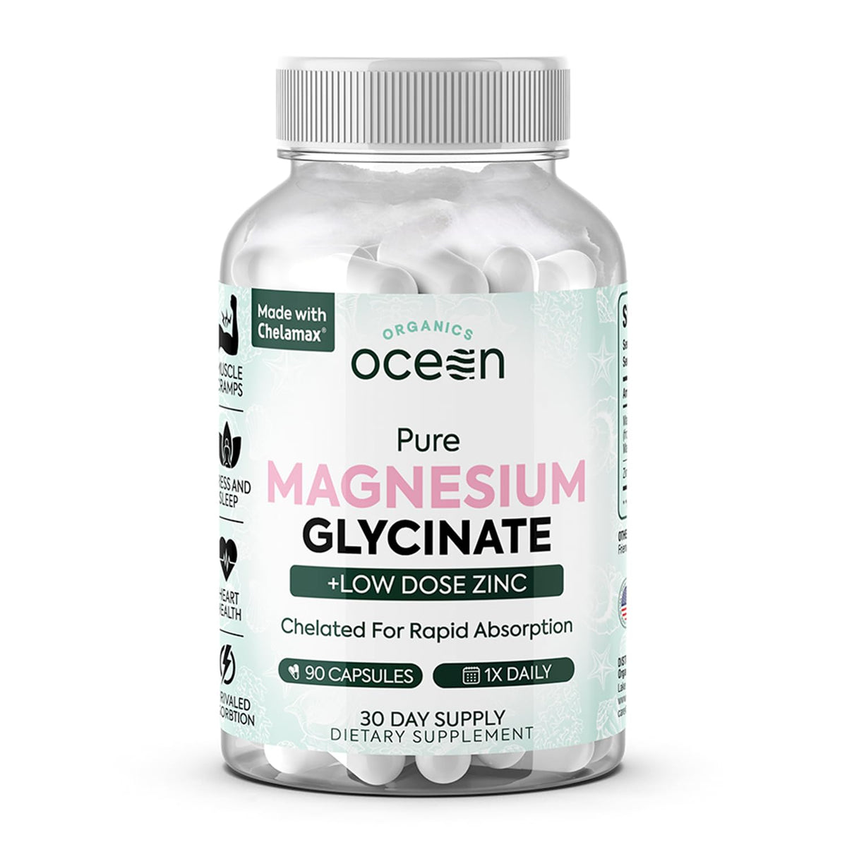 Organics Ocean Magnesium Glycinate with Zinc bottle and 90 capsules