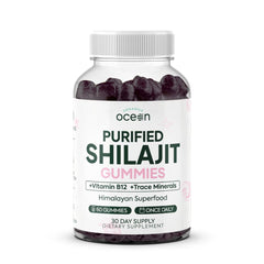 Organics Ocean Shilajit Gummies bottle showing black cherry flavor for daily energy support.