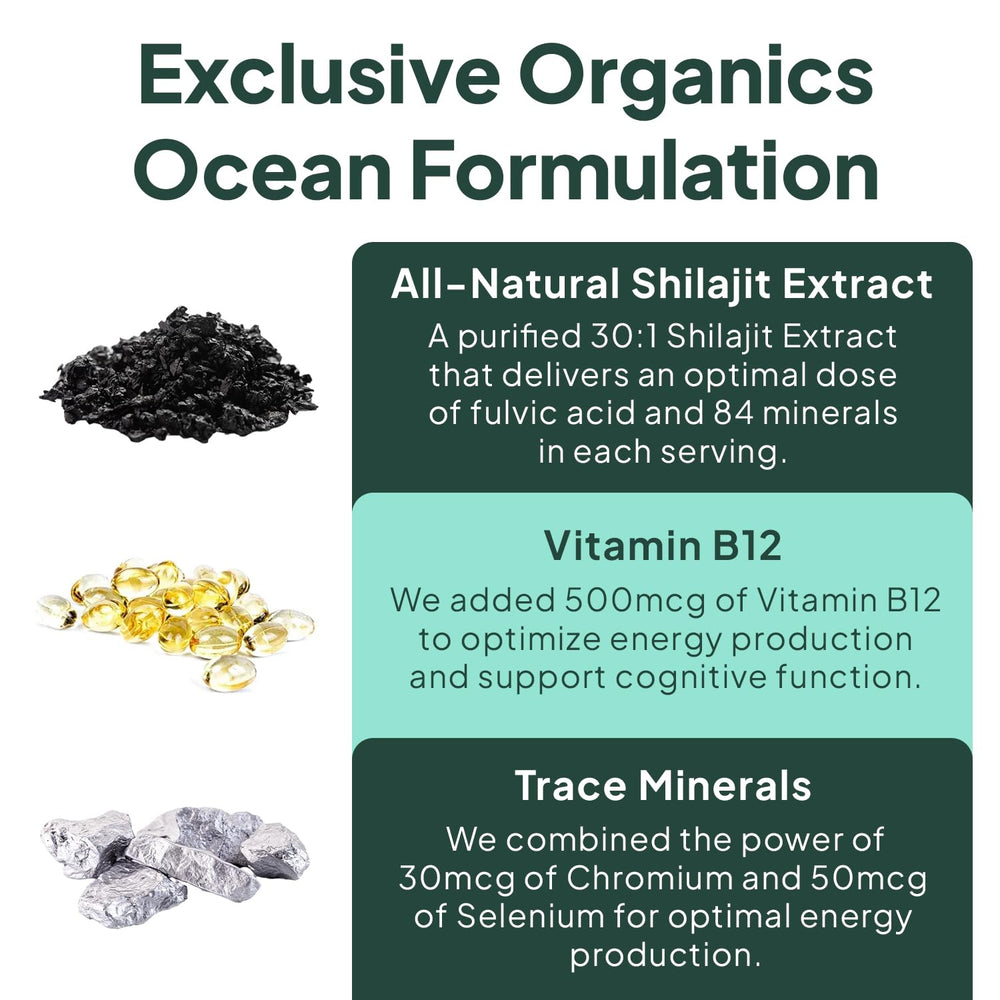 Organics Ocean Himalayan-sourced shilajit resin implies potent mineral support.