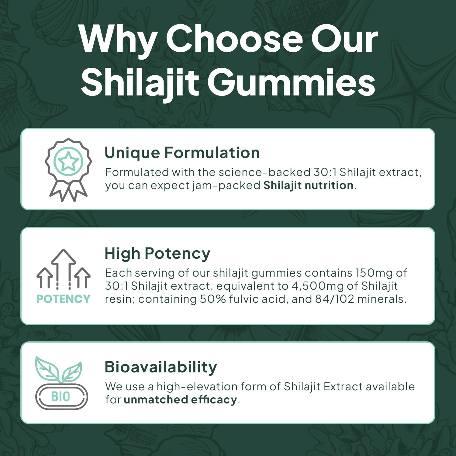 Organics Ocean Shilajit Gummies nutrition panel highlights minerals and B12 benefits.