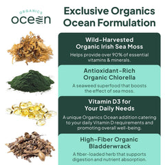 Organics Ocean Sea Moss Capsules on natural surface implying immune support.