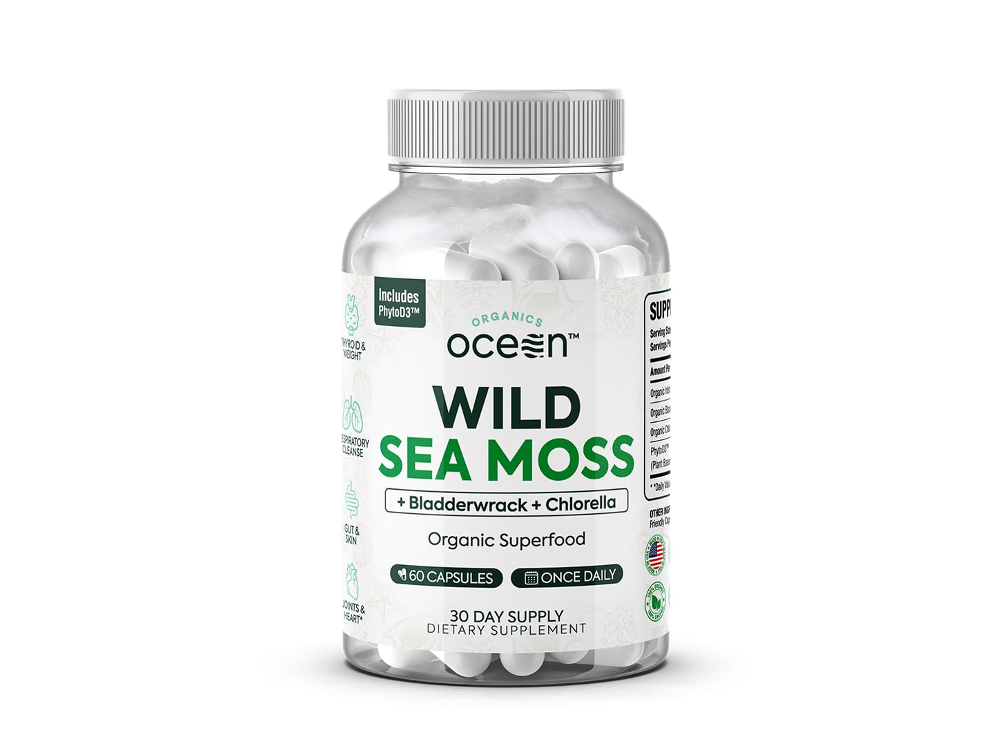 Front view of Organics Ocean Wild Sea Moss Capsules bottle, 60 capsules