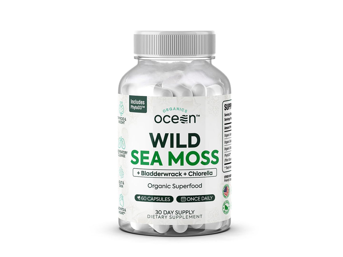 Front view of Organics Ocean Wild Sea Moss Capsules bottle, 60 capsules