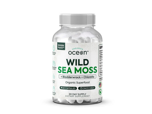 Front view of Organics Ocean Wild Sea Moss Capsules bottle, 60 capsules
