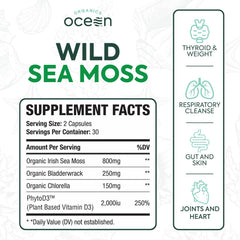 Ingredients panel showing sea moss, bladderwrack, chlorella and vitamin D3
