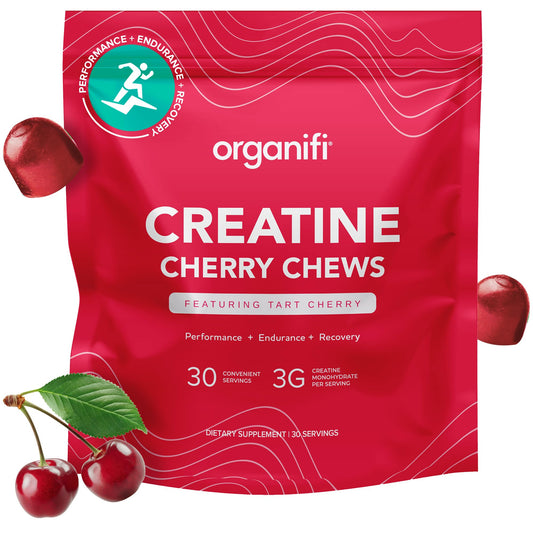 Front packaging of Organifi Creatine Chews cherry gummies