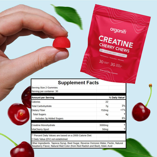 Close-up of Organifi Creatine Chews cherry gummies