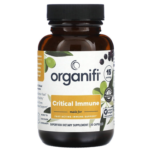 Organifi Critical Immune bottle showing key ingredients: Elderberry, Andrographis, Astragalus and Olive Leaf Extract