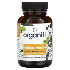 Organifi Critical Immune bottle showing key ingredients: Elderberry, Andrographis, Astragalus and Olive Leaf Extract