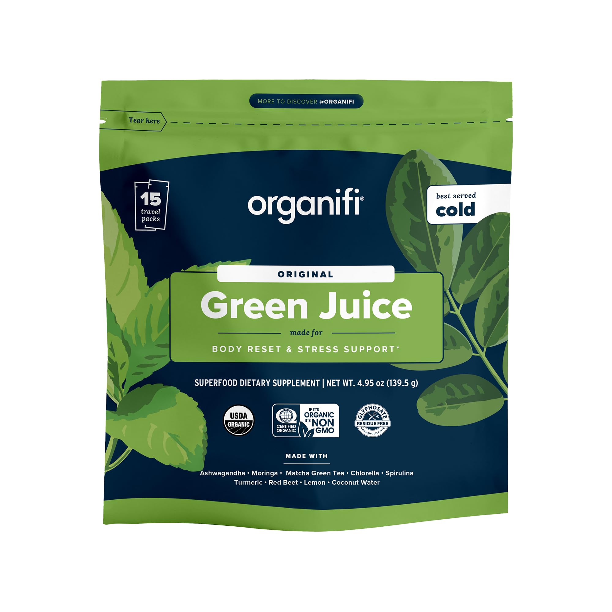 Organifi GO Packs Green Juice box with 15 travel packs on white background