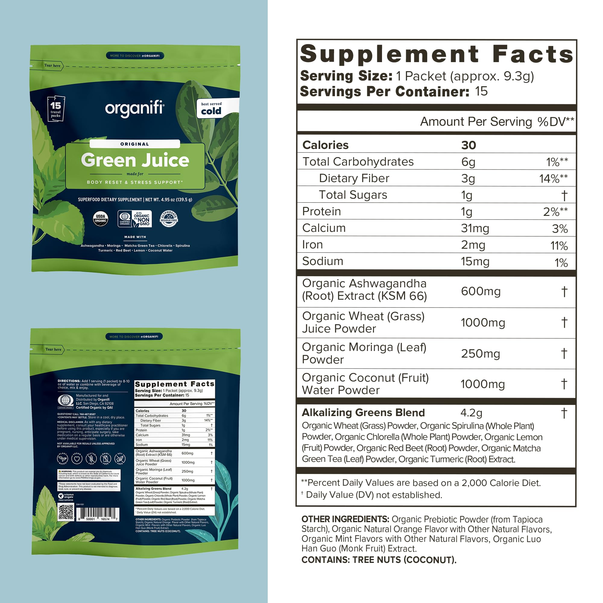 Close-up of Organifi GO Packs travel sachets ready to use