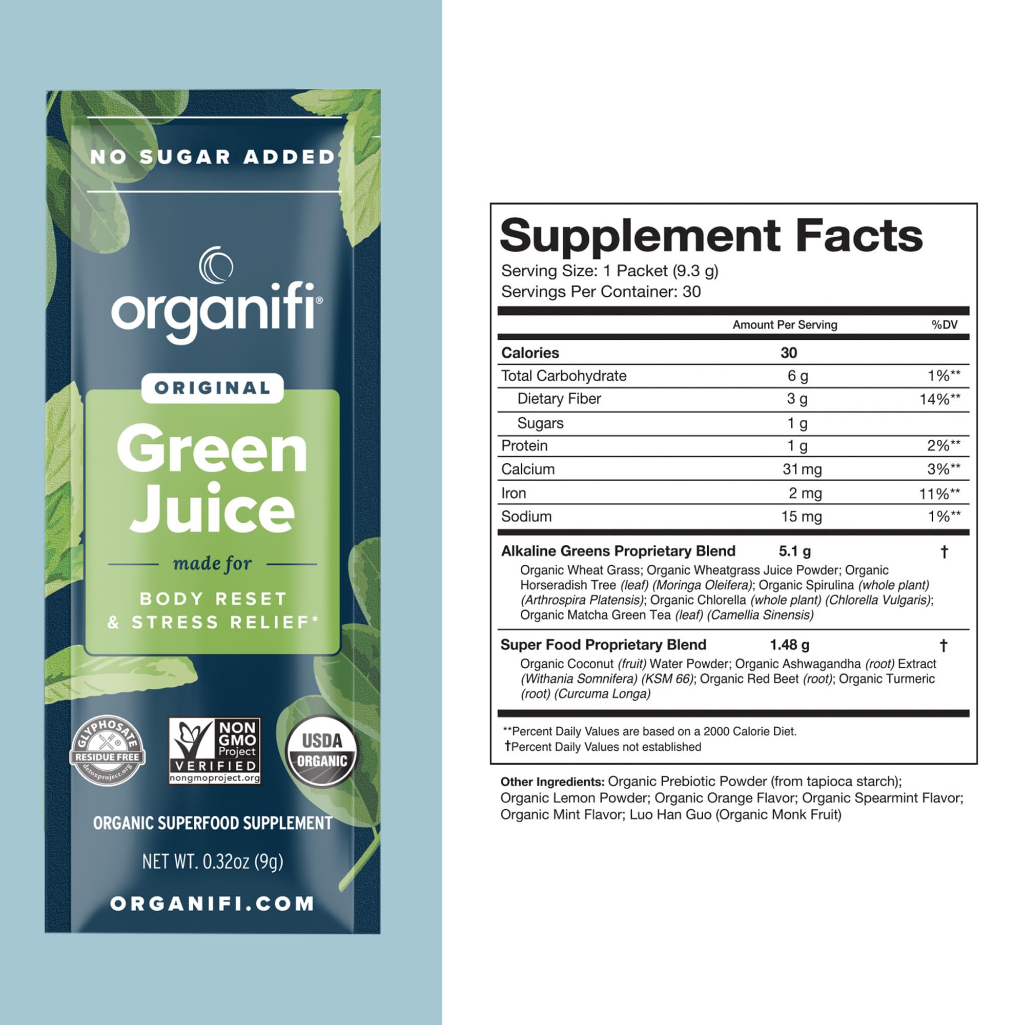 Ingredients of Organifi GO Packs vegan greens