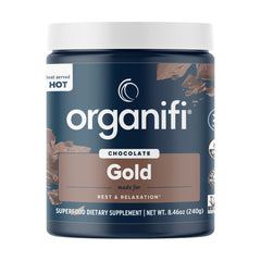 Organifi Gold Chocolate packaging with scoop and mug