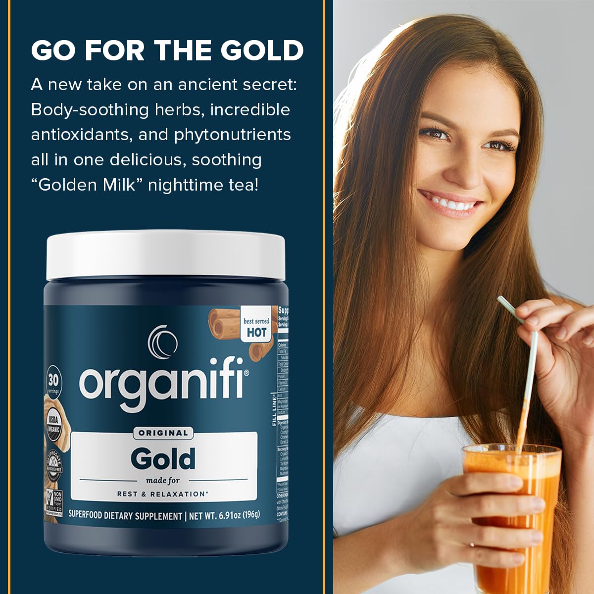 Close-up of Organifi Gold ingredients and label