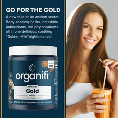 Close-up of Organifi Gold ingredients and label